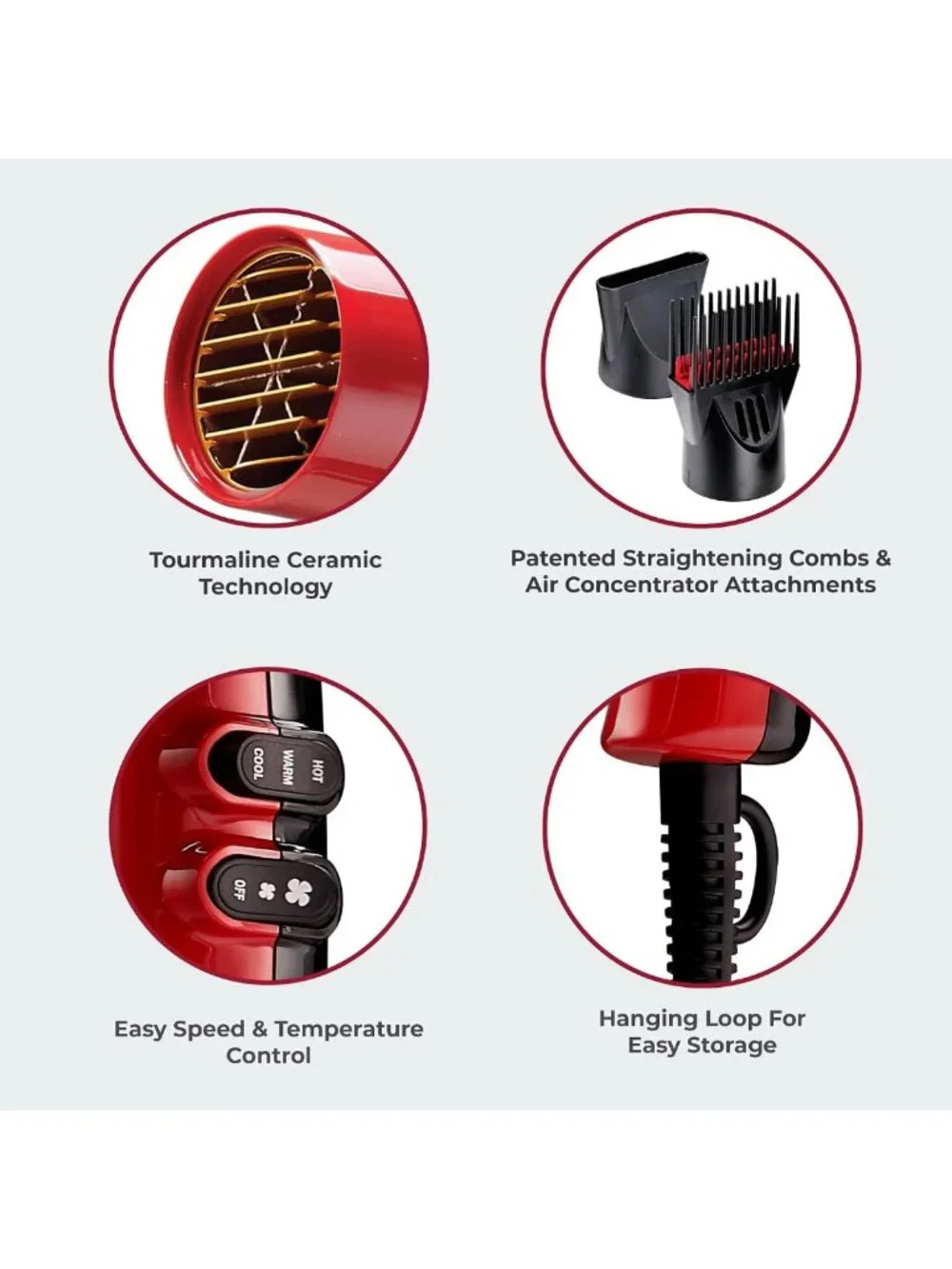 Pro Tourmaline Ceramic Hair Dryer - 1875W, 3 Heat & 2 Speed Settings, Cool Shot